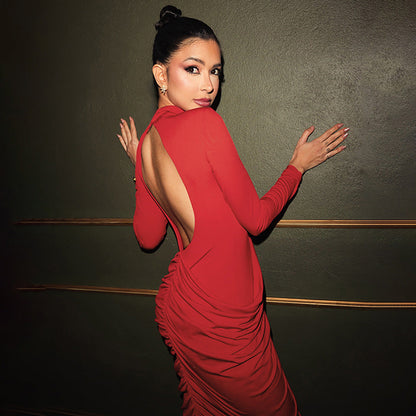 Autumn Winter Women Minimalist Long Sleeve Half Turtleneck Sexy Sheath Backless Solid Color Dress by Ragazza