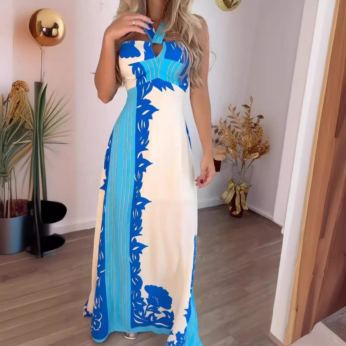 Women Clothing Summer Halter Sexy Color Block Vacation Beach Long Printed Dress  DestGlow