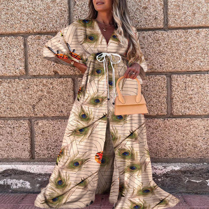Women Clothing Spring Summer Casual Vacation V neck Printed Dress by Ragazza