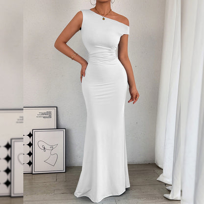 Women Fishtail Dress Slant Shoulder Collar Waist Pleated Sleeveless Sexy Dress by Ragazza