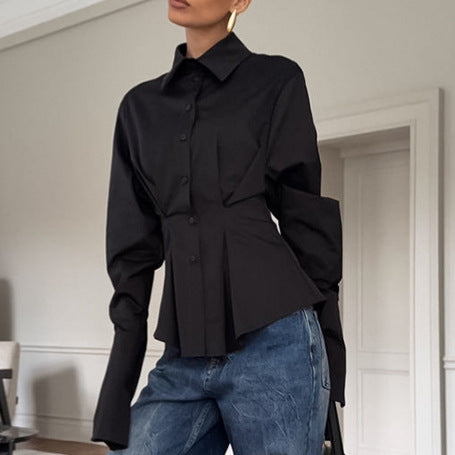 Court White Cotton Shirt Women Light Luxury Pleat Waisted Slim-Fit Long-Sleeved Collared Shirt by Ragazza