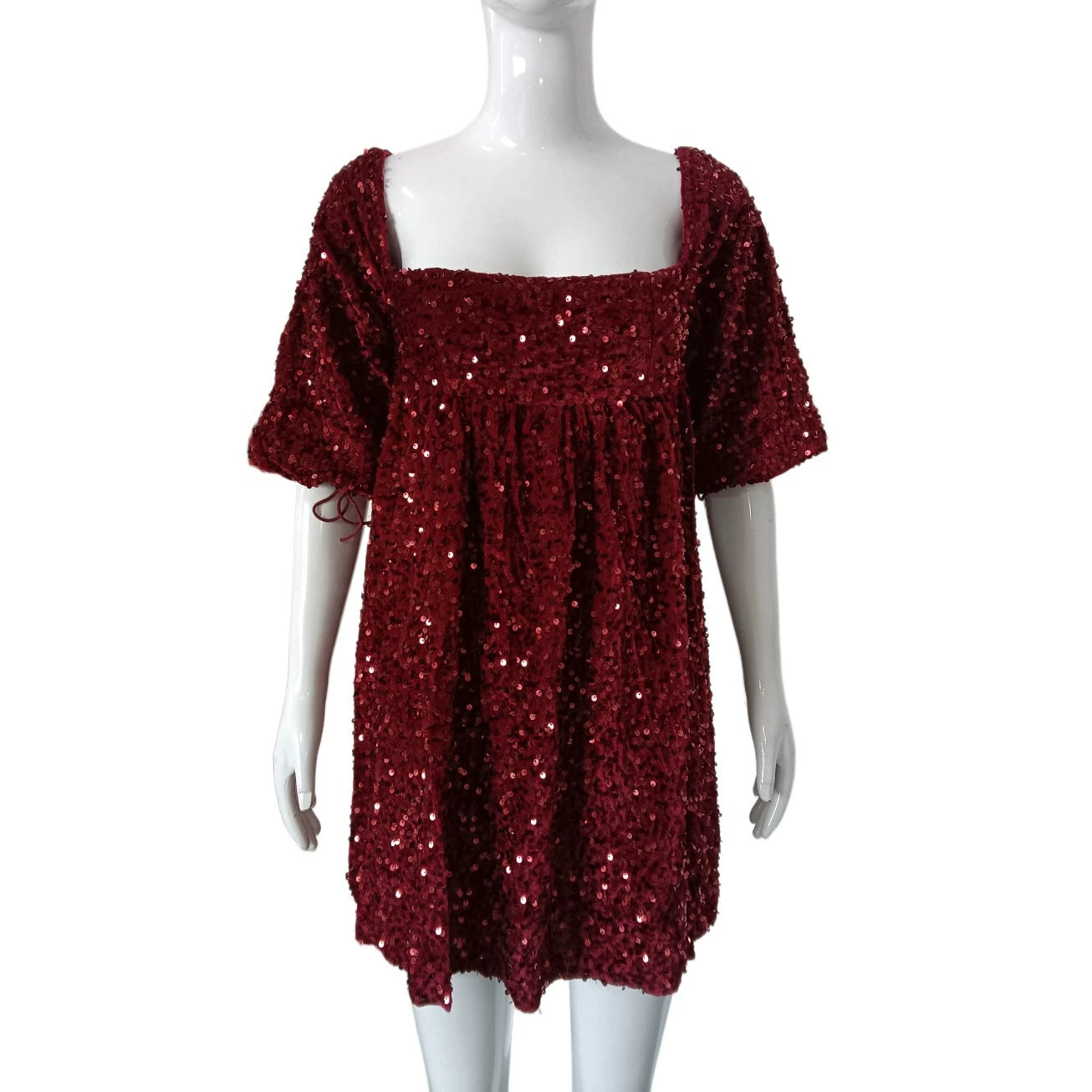 Square Collar Puff Sleeve Sequ Dress Women Birthday Party Dress High Waist A line Dress  DestGlow