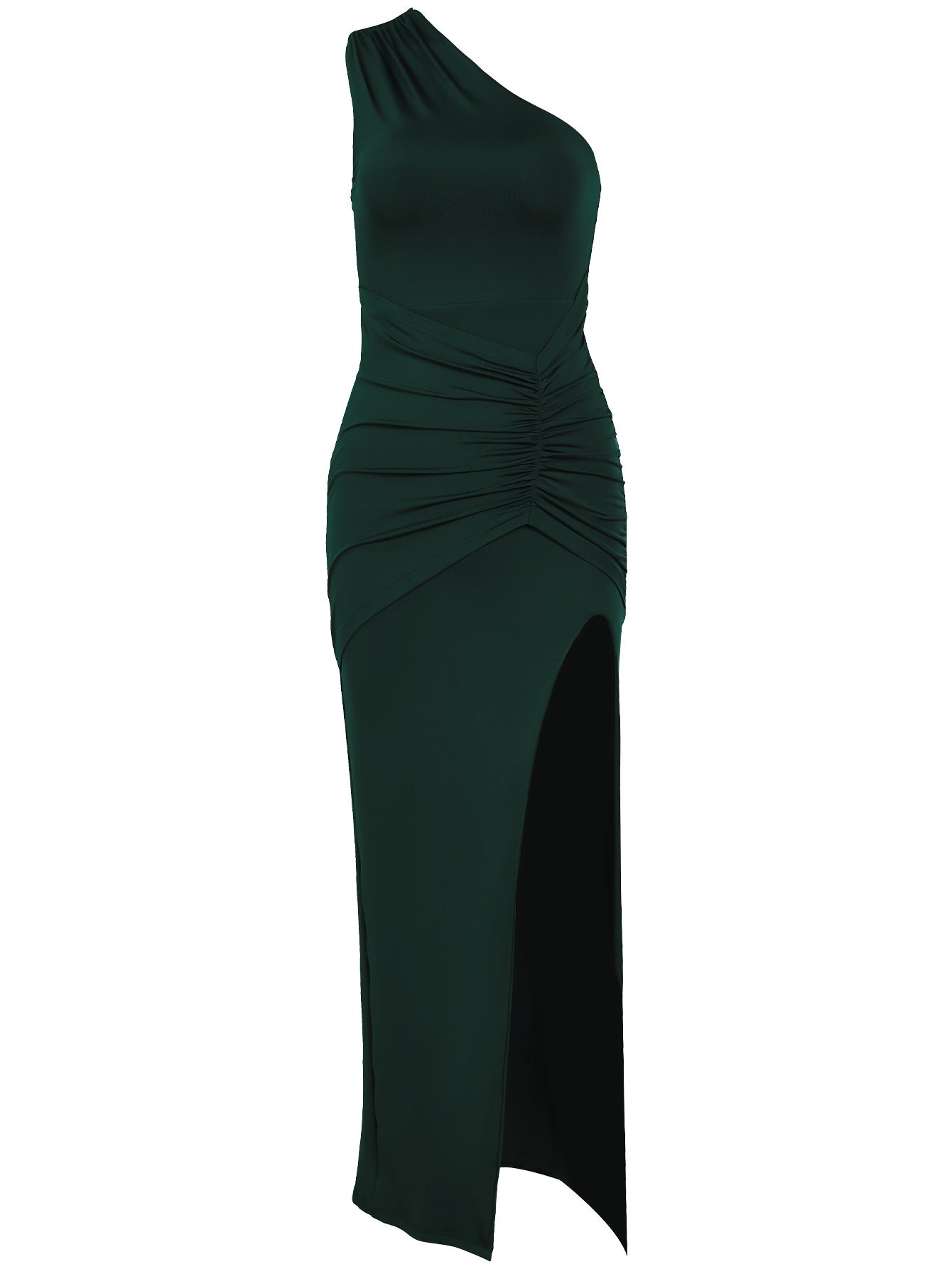 Elegant Milk Silk Sloping Shoulder Dress Sexy High Slit Slim Pleated Tight Formal Dress by Ragazza