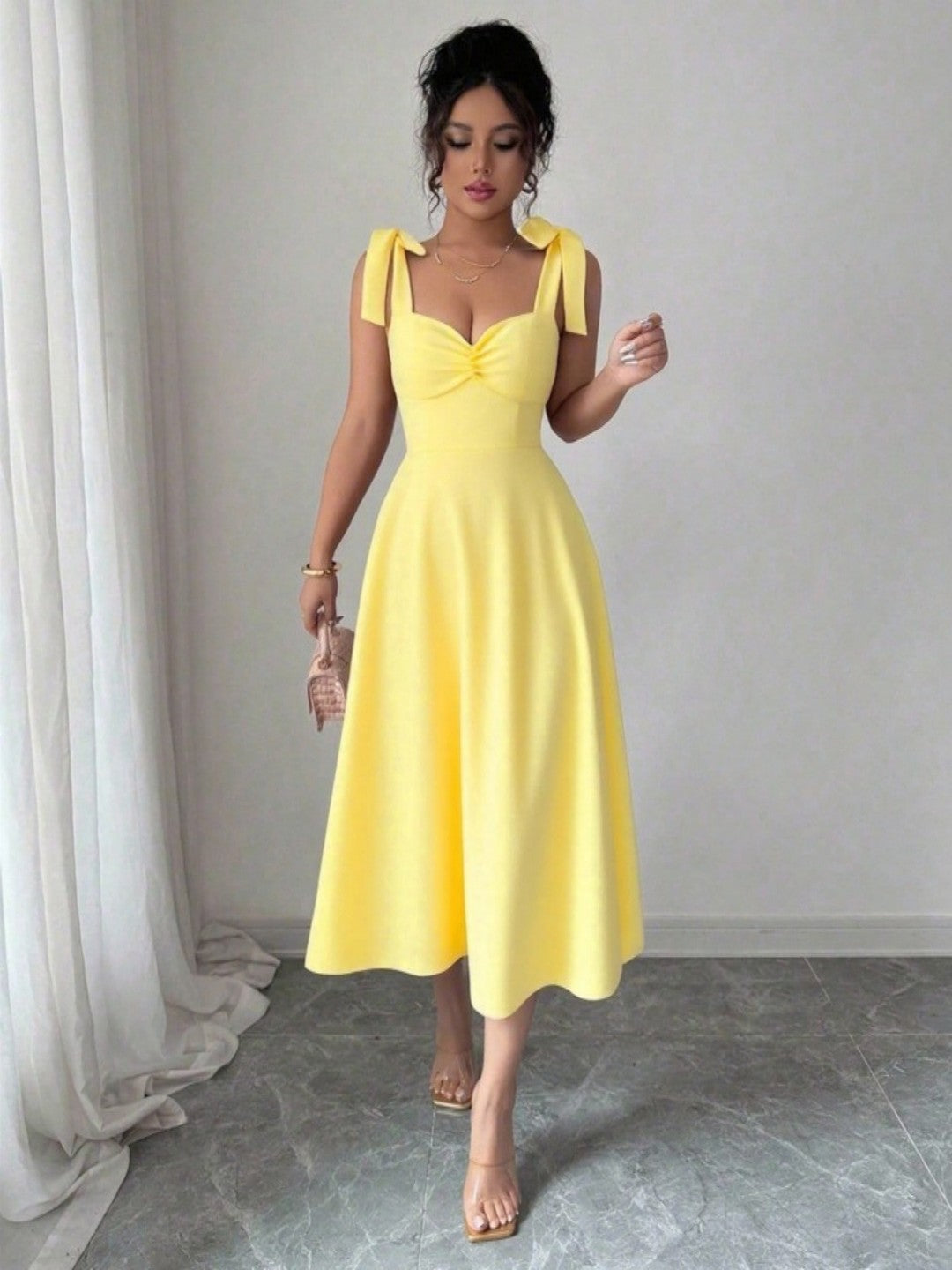 Spring Summer Solid Color Tied Dress Waist Slimming Elegant Graceful Maxi Dress by Ragazza