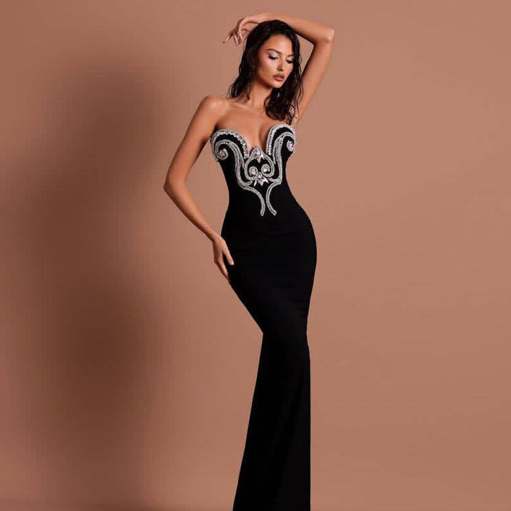 Niche Design Beads Rhinestones Tube Top Bandage One Piece Dress Party Evening Dress Slim Fit Maxi Dress by Ragazza