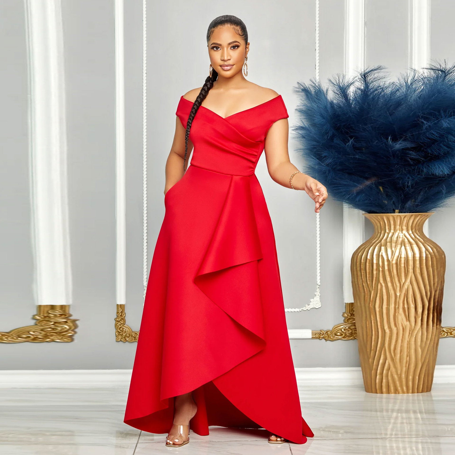 Women Sexy Slim Fit Solid Color off Shoulder Sleeveless Large Swing Dress by Ragazza
