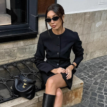Autumn Niche Design round Neck Long Sleeve Waist Tight Slim Fit A line Dress Elegant Long Blazer for Women by Ragazza