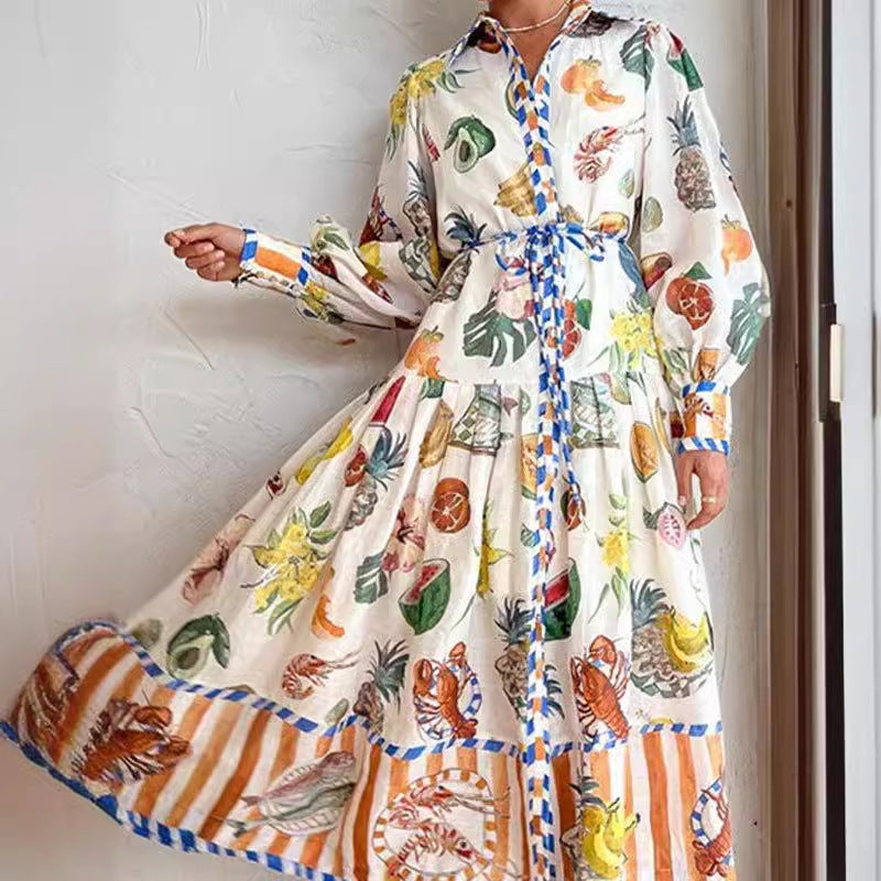 Women Elegant Lantern Sleeve Printed Long Collared Waist Tight Long Sleeve Dress Women by Ragazza