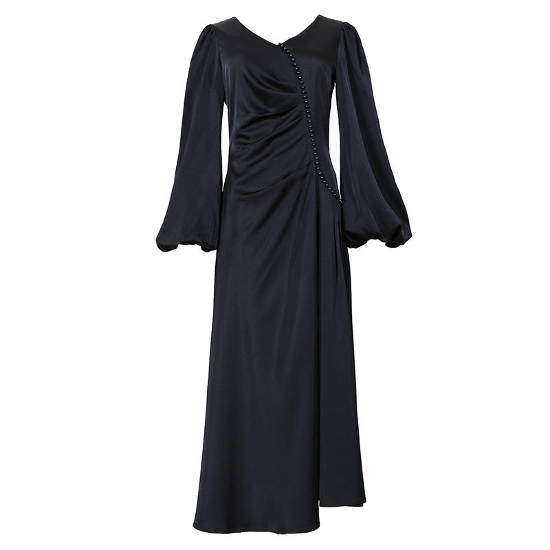 French Retro Lantern Sleeve V Neck Sexy Beaded Waist Slimming Glossy Satin Dress Women by Ragazza