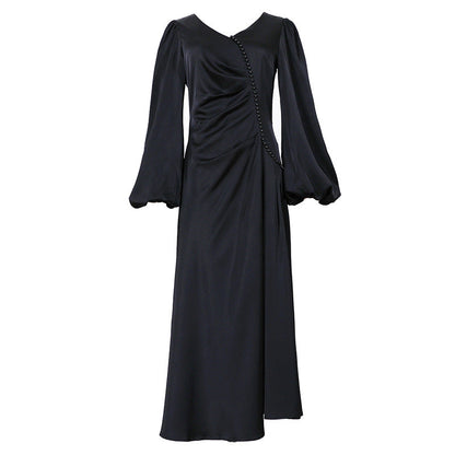French Retro Lantern Sleeve V Neck Sexy Beaded Waist Slimming Glossy Satin Dress Women by Ragazza