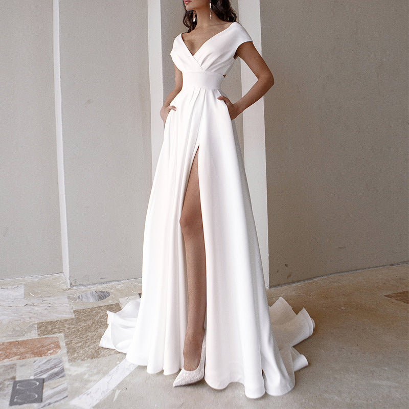Picture Chest Wrapped Ruffled White Medium Waist Solid Color Office Maxi Dress  DestGlow
