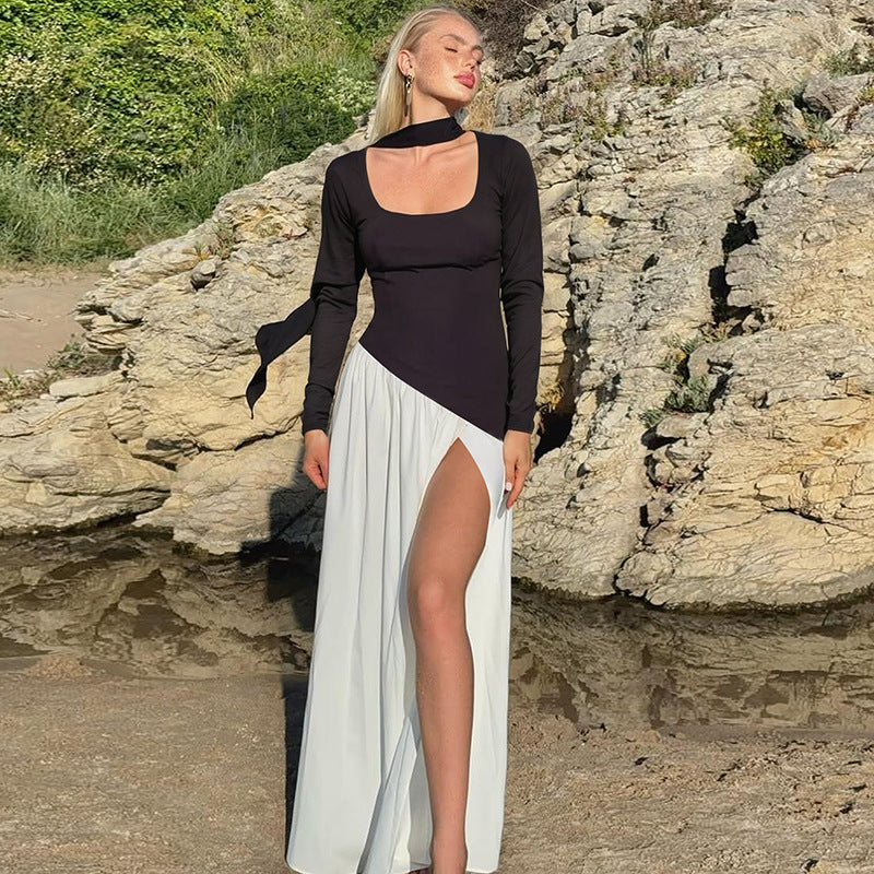 Women Clothing Autumn Sexy Contrast Color U Collar Solid Color Split Long Sleeve Dress by Ragazza
