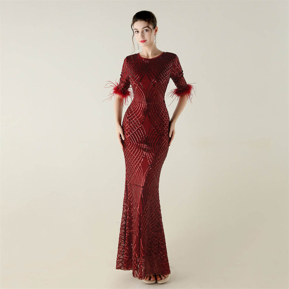 Positioning Floral Sequin Craft Order Ostrich Feather Decorative Evening Dress Long Sleeve Fishtail Cinched Peplum by Ragazza