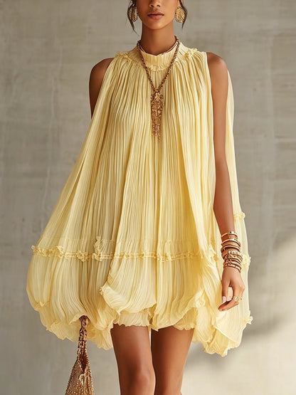 Sleeveless Pleated Dress Women Loose Big Hem A line Girl Dress Holiday Dress  DestGlow