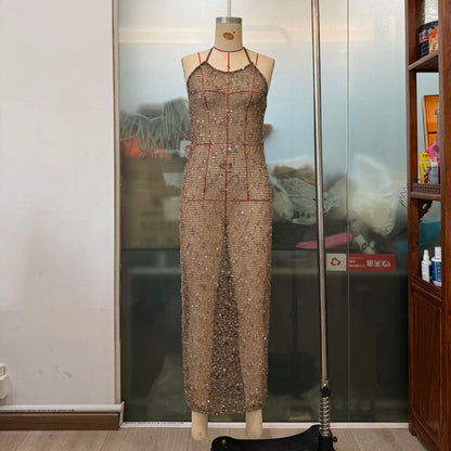 French Sequined Sexy Evening Party Slim Strap Women Micro Revealed Back Maxi Dress  DestGlow