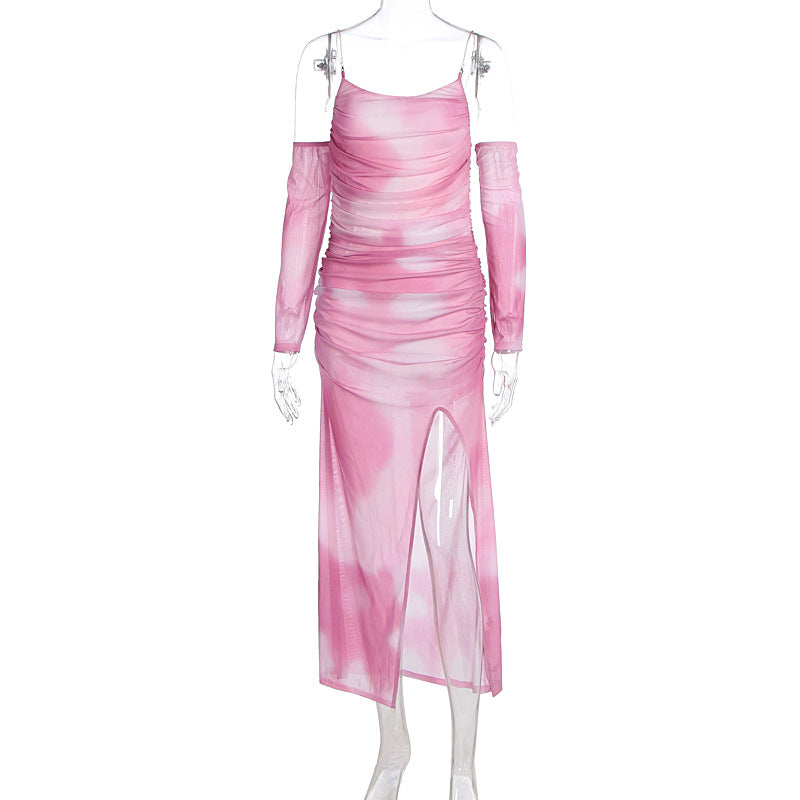 Autumn Winter Women Dress Mesh Printed Sling Oversleeve off Shoulder Backless Slit by Ragazza