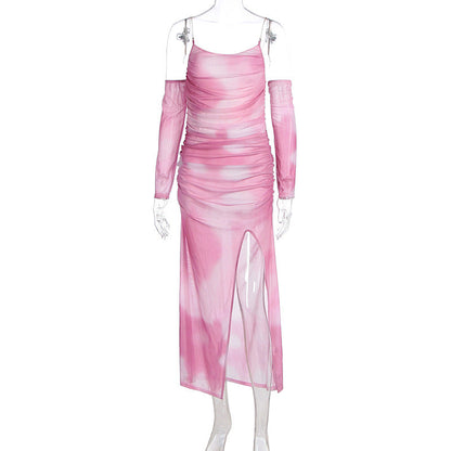 Autumn Winter Women Dress Mesh Printed Sling Oversleeve off Shoulder Backless Slit by Ragazza