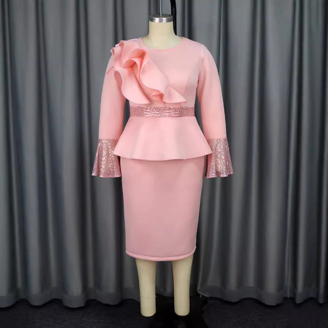 Round Neck Flared Sleeves Dress Party Ruffled Sequ High Waisted Dress by Ragazza