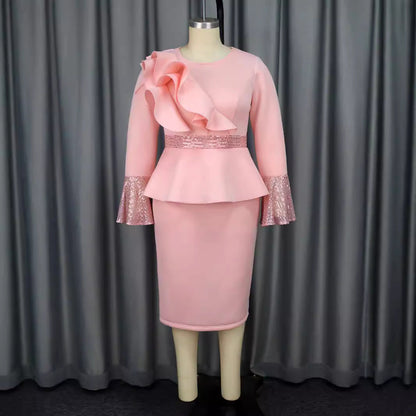 Round Neck Flared Sleeves Dress Party Ruffled Sequ High Waisted Dress by Ragazza