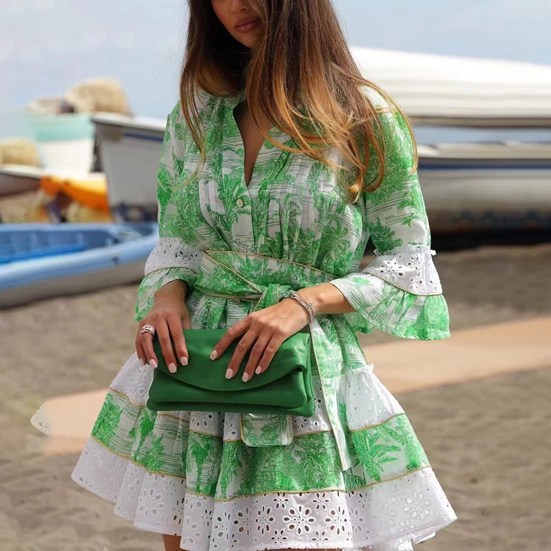 French Bohemian Vacation Spring V Neck Bell Sleeve Embroidered Printed Tied Dress Women by Ragazza