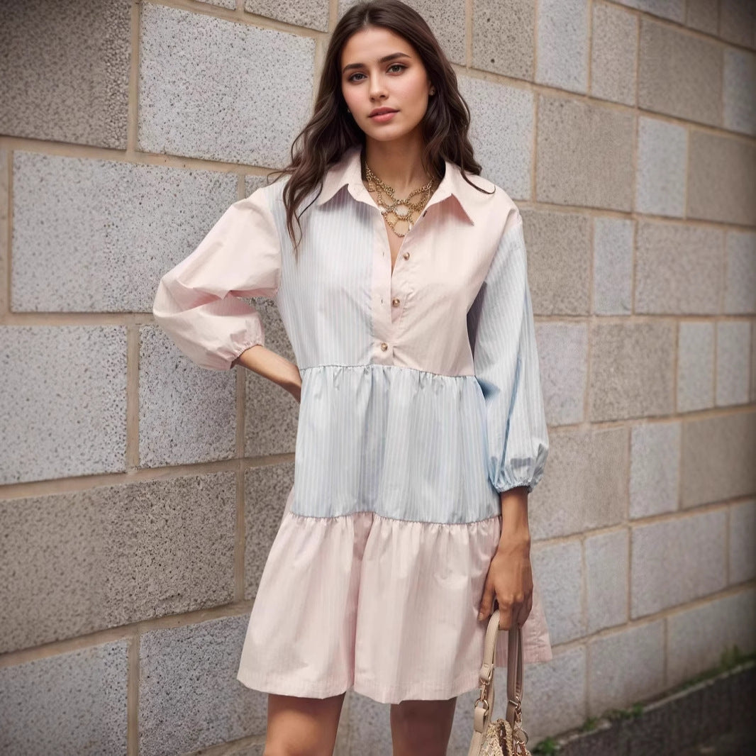 Fresh Pink Blue Contrast Color Striped Collared Lantern Sleeve Tiered Swing Loose Stitching Shirt Dress by Ragazza