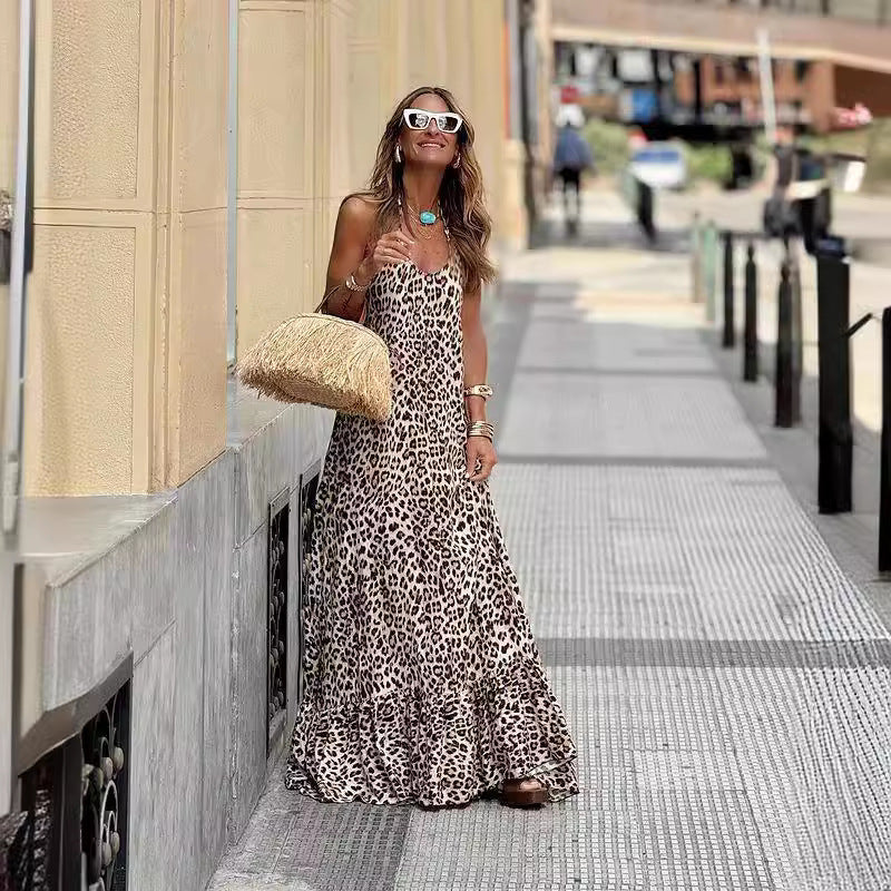 Leopard Print Printed V neck Halter Backless Sexy Cami Dress by Ragazza
