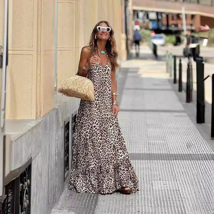 Leopard Print Printed V neck Halter Backless Sexy Cami Dress by Ragazza