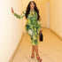 Printed Socialite Women Clothes Waist Vintage Sheath Dress Turtleneck Long Sleeved Green Autumn Winter Dress by Ragazza