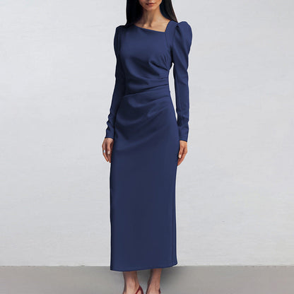 Autumn Casual Elegant Irregular Asymmetric Collar Puff Sleeve Tight Split Dress Khaki Maxi Dress by Ragazza