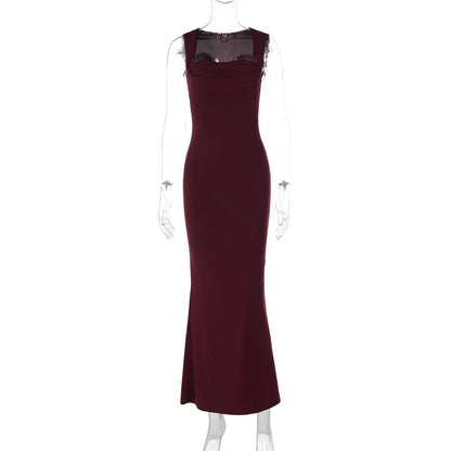 Women Clothing Spring Summer Slim Fit Square Collar Sleeveless Waist Slimming Dress by Ragazza