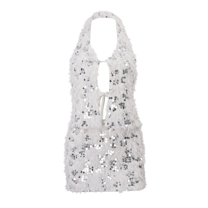 Women Clothing Nightclub Sequined Decorative Plush Sexy Backless Dress by Ragazza
