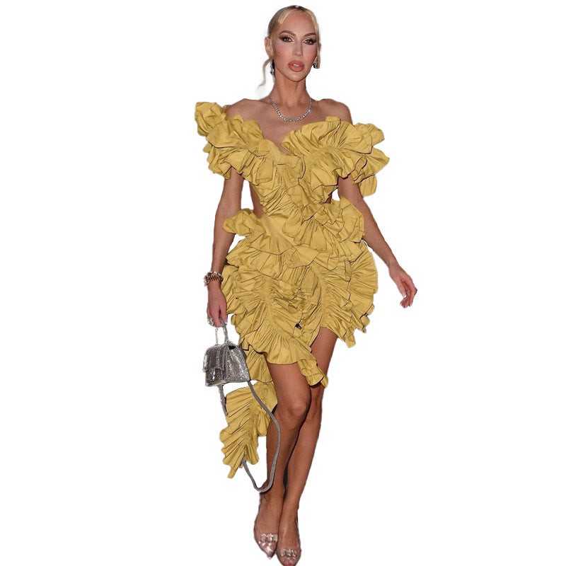Women Sleeveless Pleated Backless Dress Irregular Asymmetric Curling Sexy Dress by Ragazza