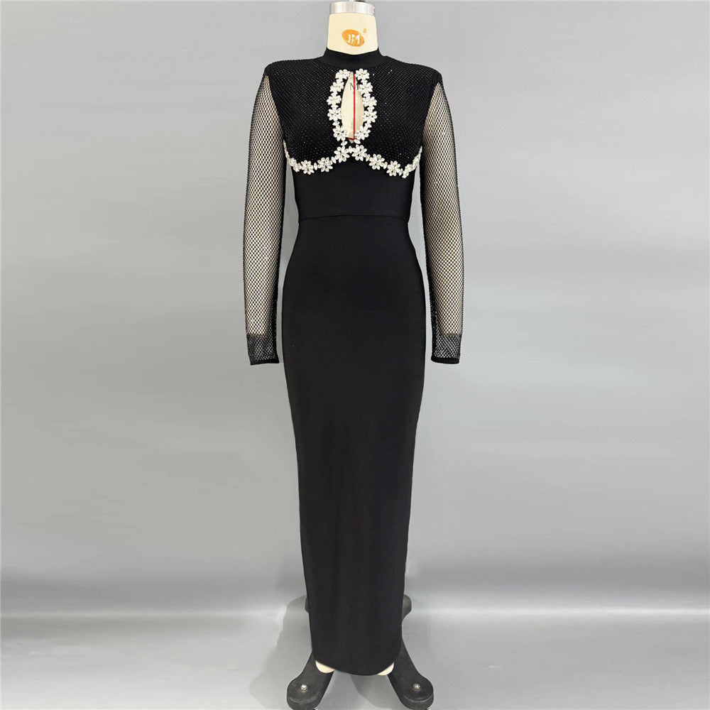 Long Sleeve Net Drill Stitching Hollow Out Cutout Bandage One Piece Dress Ladies Cocktail Party Evening Dress by Ragazza
