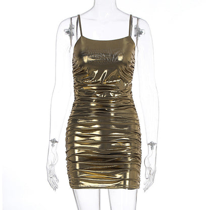 Summer Women Sexy Electronic Music Festival Glossy Bronzing Sling Sheath Dress by Ragazza