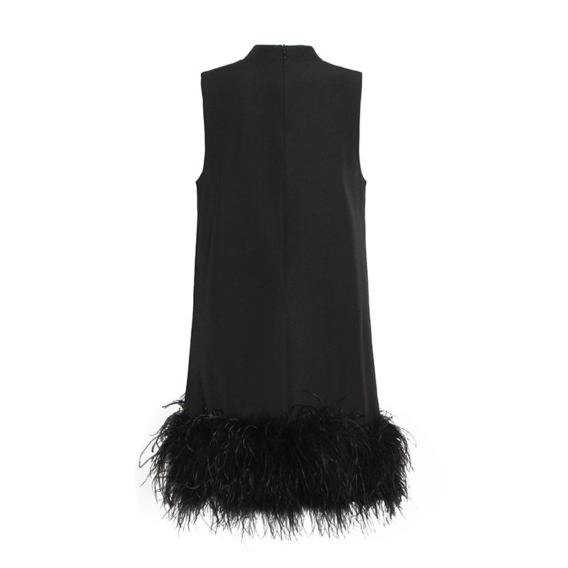 Australian Brand Design Short Autumn Stand Collar Sleeveless Solid Color Stitching Hem Feather Dress by Ragazza