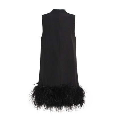 Australian Brand Design Short Autumn Stand Collar Sleeveless Solid Color Stitching Hem Feather Dress by Ragazza