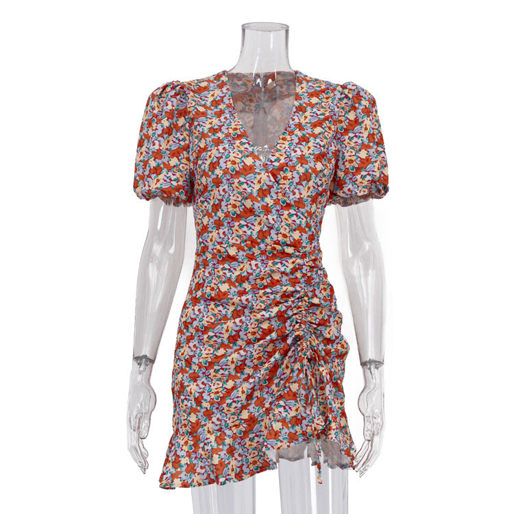 Women Clothing Sexy Printed Dress Summer V neck Puff Sleeve Design Pleated Hip Dress  DestGlow