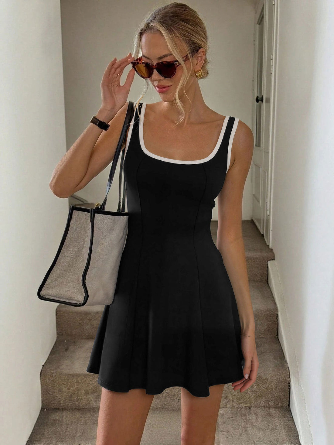 Summer Sports U Collar Sleeveless Contrast Color Binding Slim Slimming A line Short Tennis Dress for Women by Ragazza