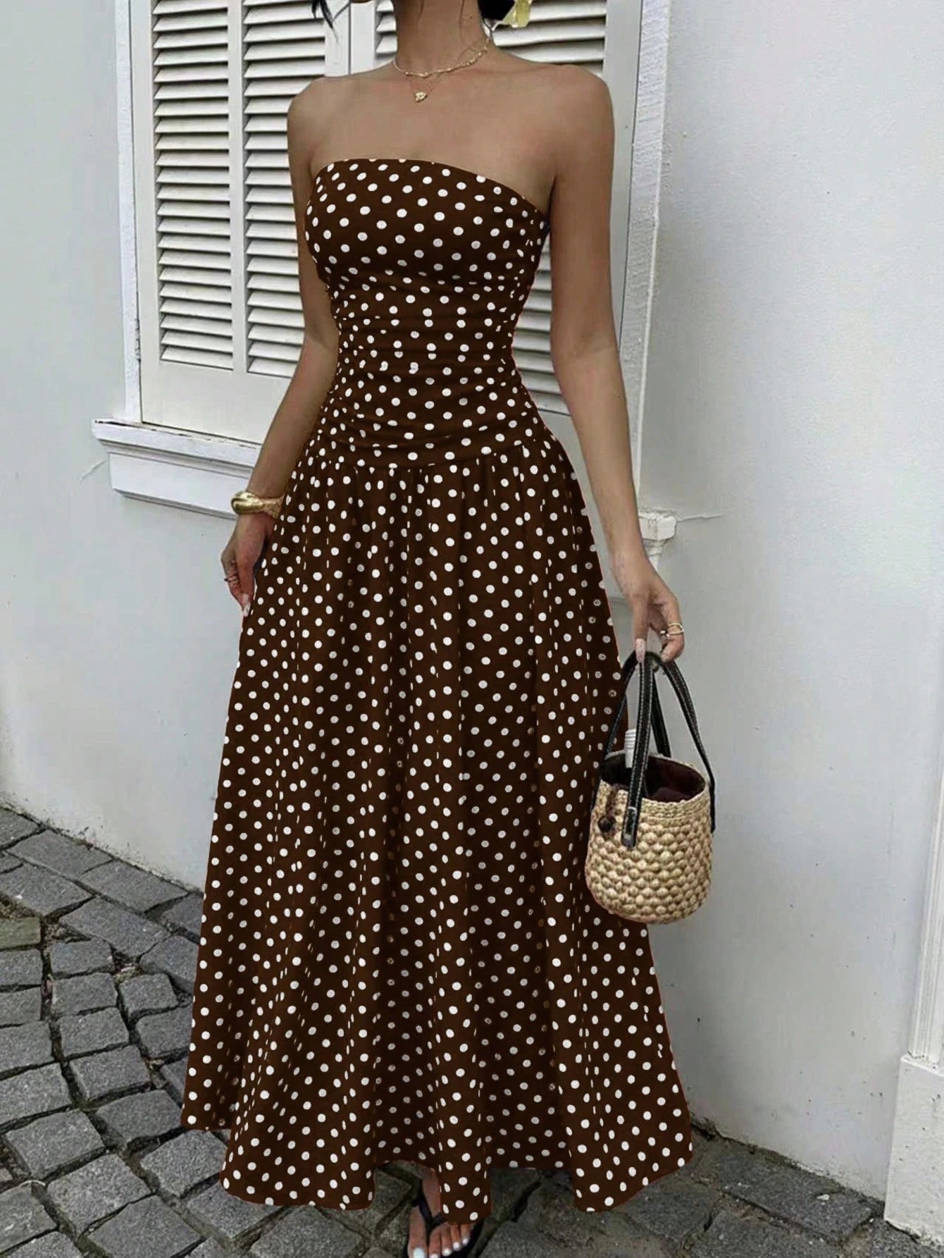 Spring Summer Sexy off the Shoulder Polka Dot A line Elegant Waist Slimming Dress Evening Dress by Ragazza