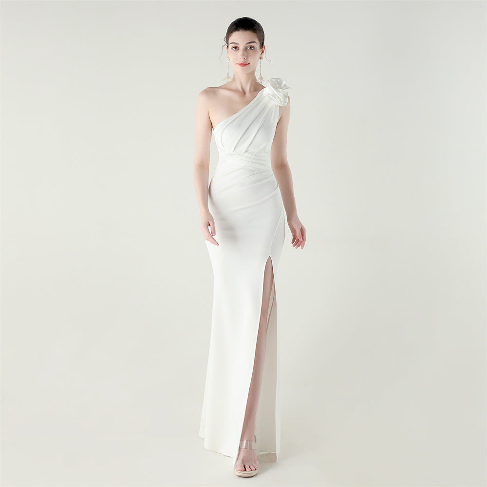 One Shoulder Three Dimensional Floral Satin Folding High Slit Sexy Evening Dress Dinner Wedding Social by Ragazza