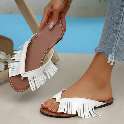 Retro Tassel Flip Flops Flat Slippers Women Outer Wear Flat Heel Flip Flops Lightweight Beach Sandals  DestGlow