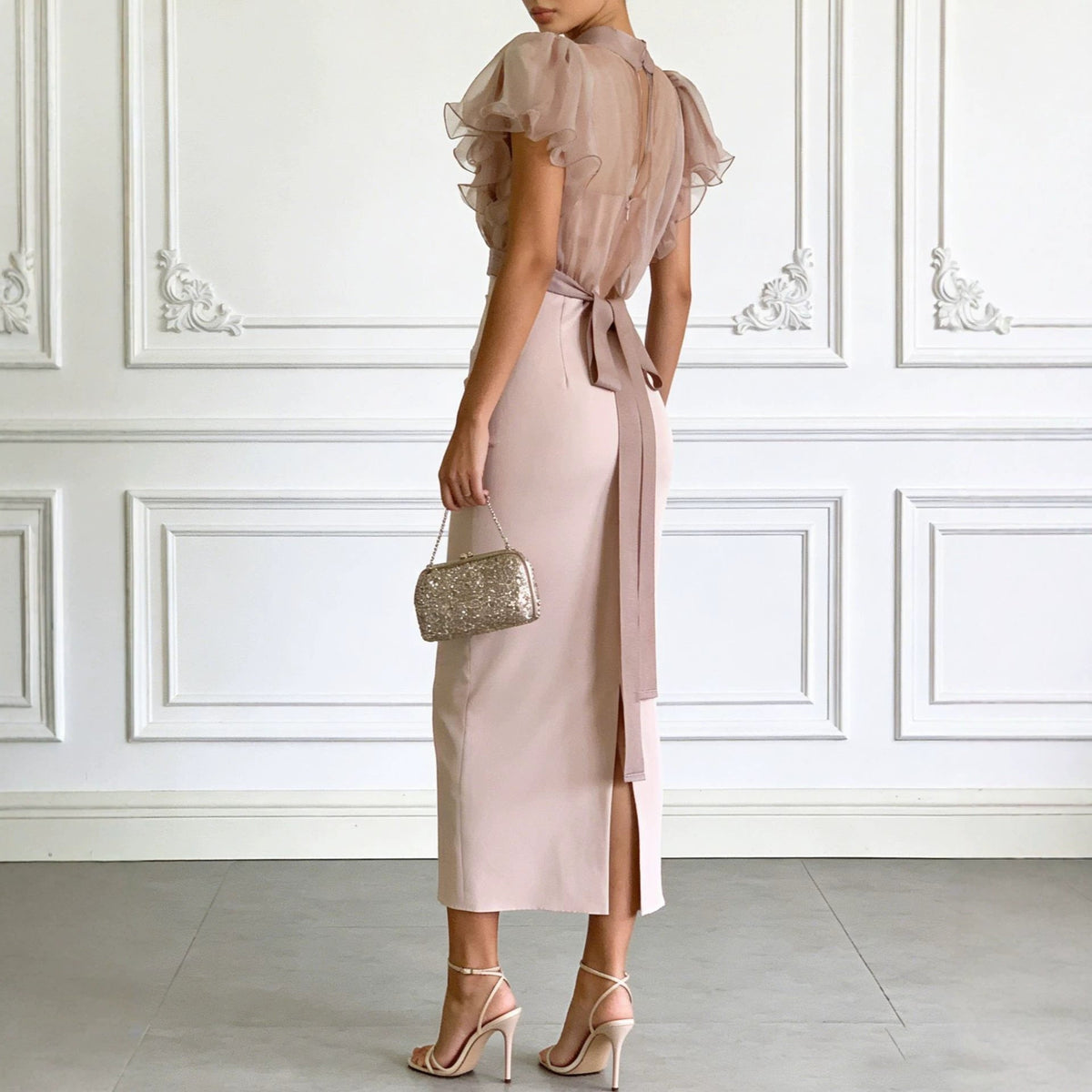 Fashionable Sheer Mesh Lace up Waist Controlled Top Strap Sheath Dress  DestGlow