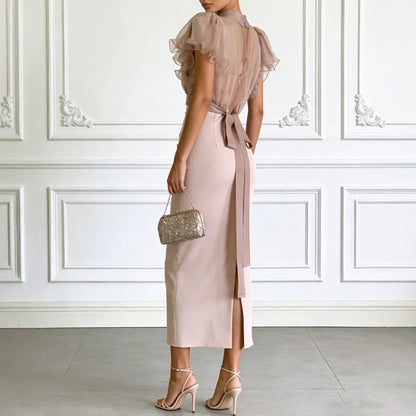 Fashionable Sheer Mesh Lace up Waist Controlled Top Strap Sheath Dress  DestGlow