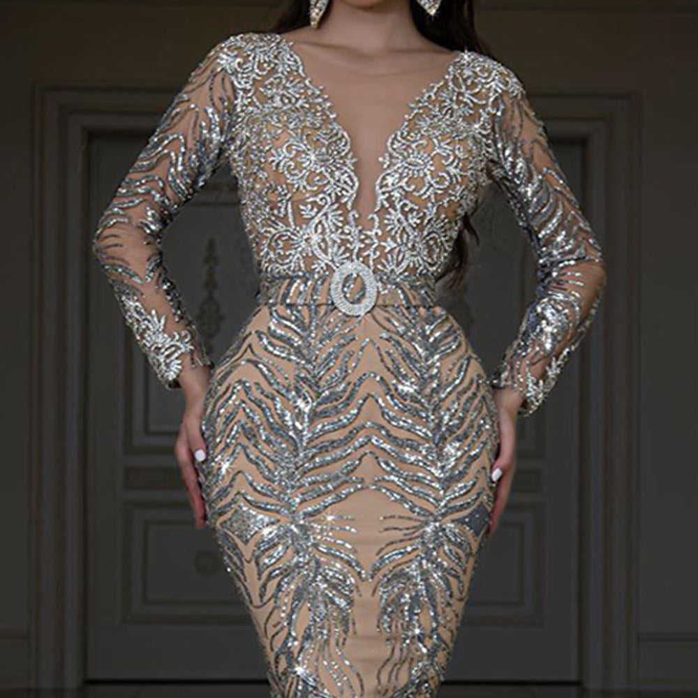Women Clothing Dress Bronzing Long Sleeve Slim Sexy Fishtail Mopping Evening Dress by Ragazza