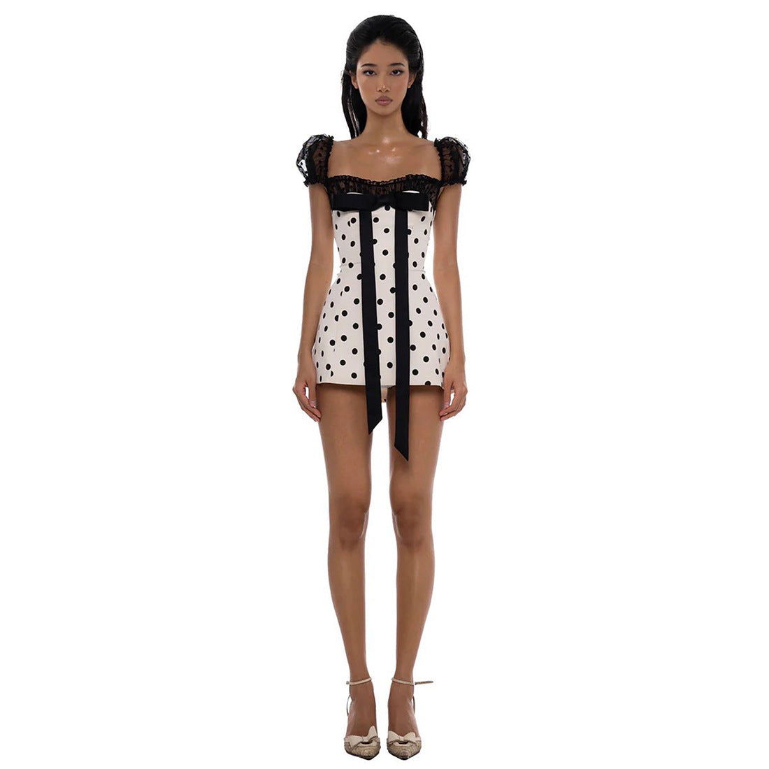 Summer Women Bow Polka Dot Short Sexy Lace Stitching Tight Waist Hip Dress by Ragazza