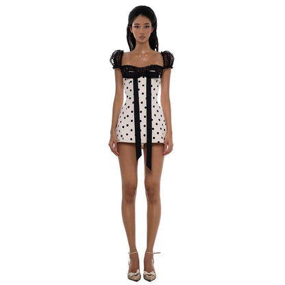 Summer Women Bow Polka Dot Short Sexy Lace Stitching Tight Waist Hip Dress by Ragazza