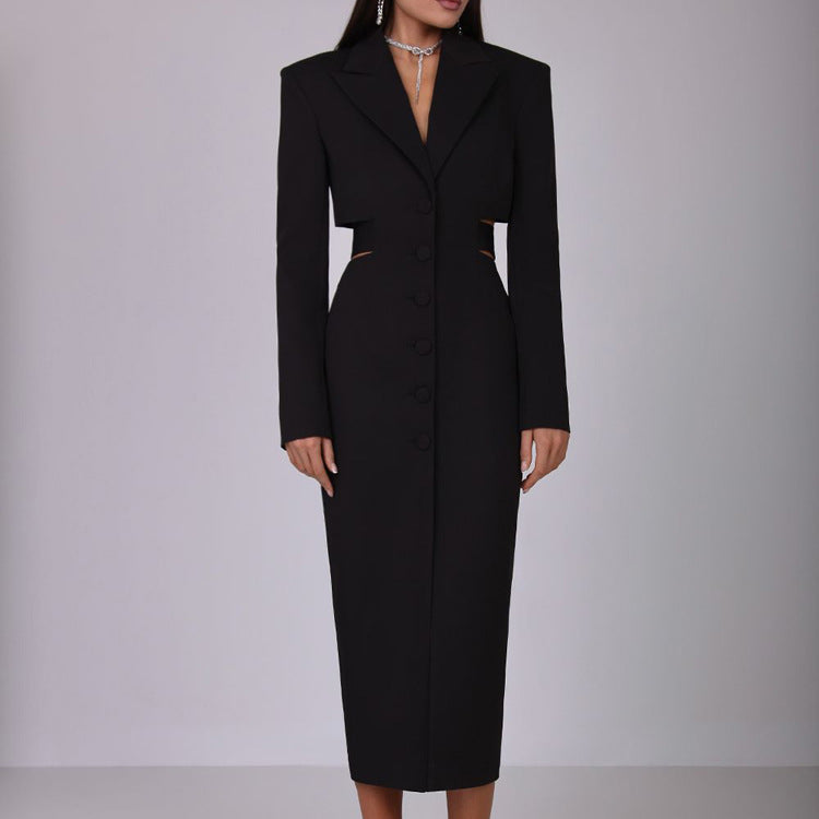 Hollow Out Cutout out Cropped Design High Sense Business Dress Office Single Breasted Long Sleeve Hip by Ragazza