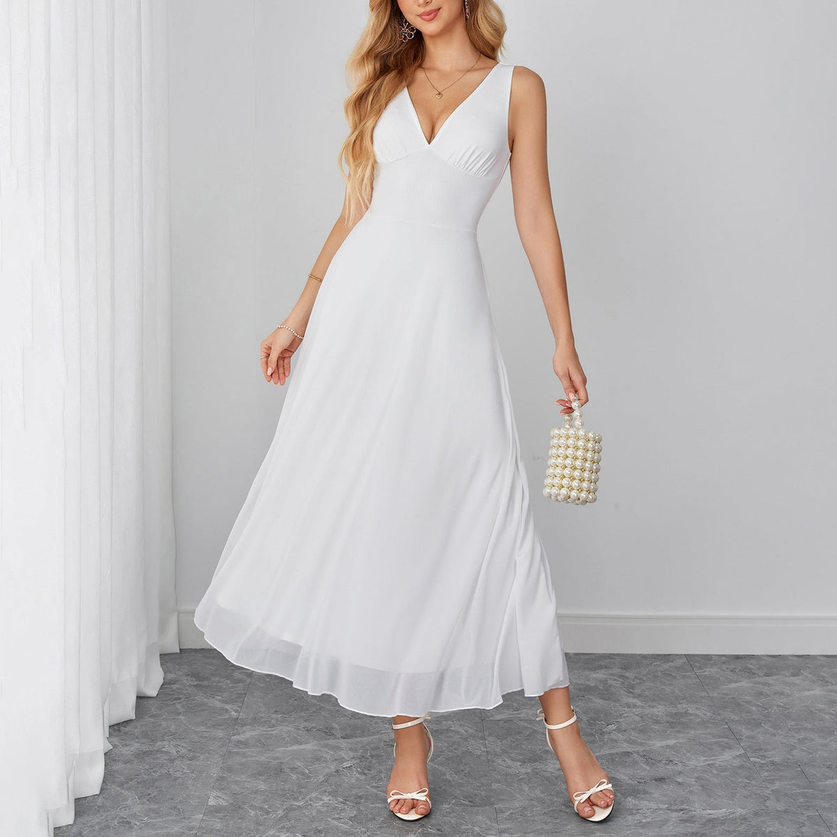 Dignified Goddess Mesh Camisole Dress Sexy V neck Backless Waist Trimming Slimming Dress  DestGlow