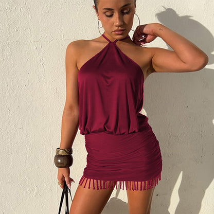 Women Clothing Autumn Lace Halter Sexy Backless Crystal Tassels Slim Fit Sheath Dress by Ragazza