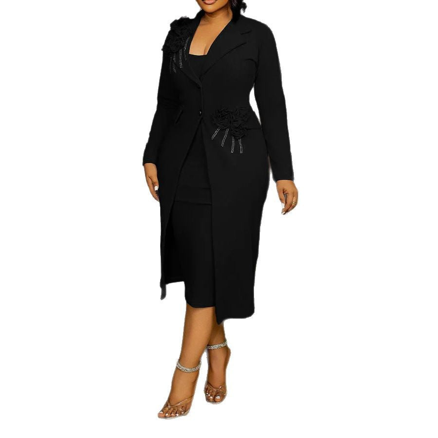 Women Elegant Stretch Slim Fit Floral Pearl Rhinestone Sheath Blazer plus Inner Suspender Two by Ragazza
